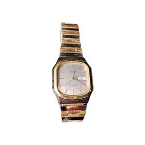 Sharp Mens Vintage Watch 80s Tank Quartz Silver‎ Gold 2 tone Day Date Waterproof